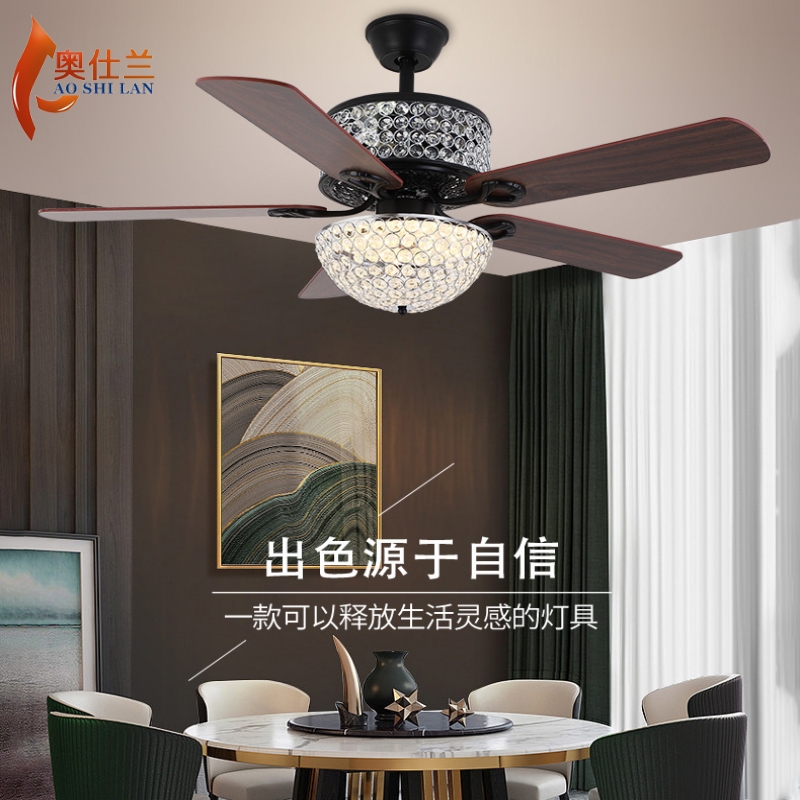 水晶新款美式餐厅吊扇灯乡村复古欧式铁叶客厅风扇灯ed蒂凡尼 - 图0