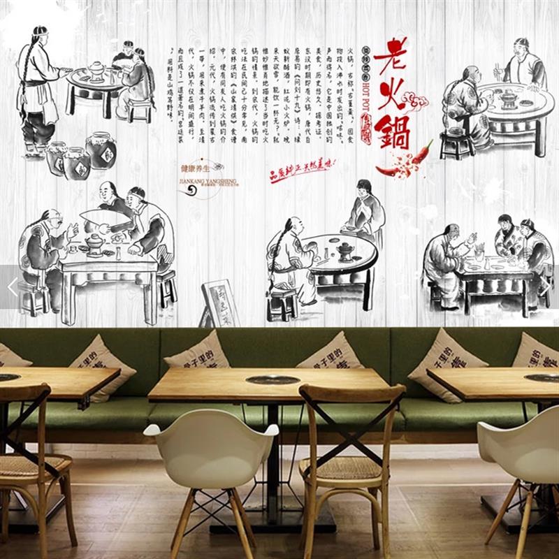 3d火锅店广告贴纸海报牛肉复古装修风格自粘设计背景墙面装饰壁画 - 图1