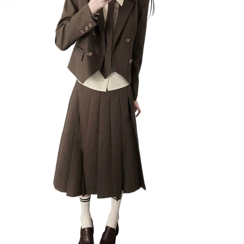 韩系学院风穿搭套装2023早秋新款女长袖西装百褶裙奶乖气质两件套