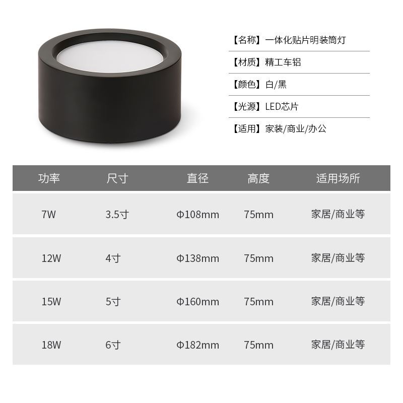led吸顶式明装筒灯圆形免开孔商用黑色吊线射灯天花灯过道灯走廊