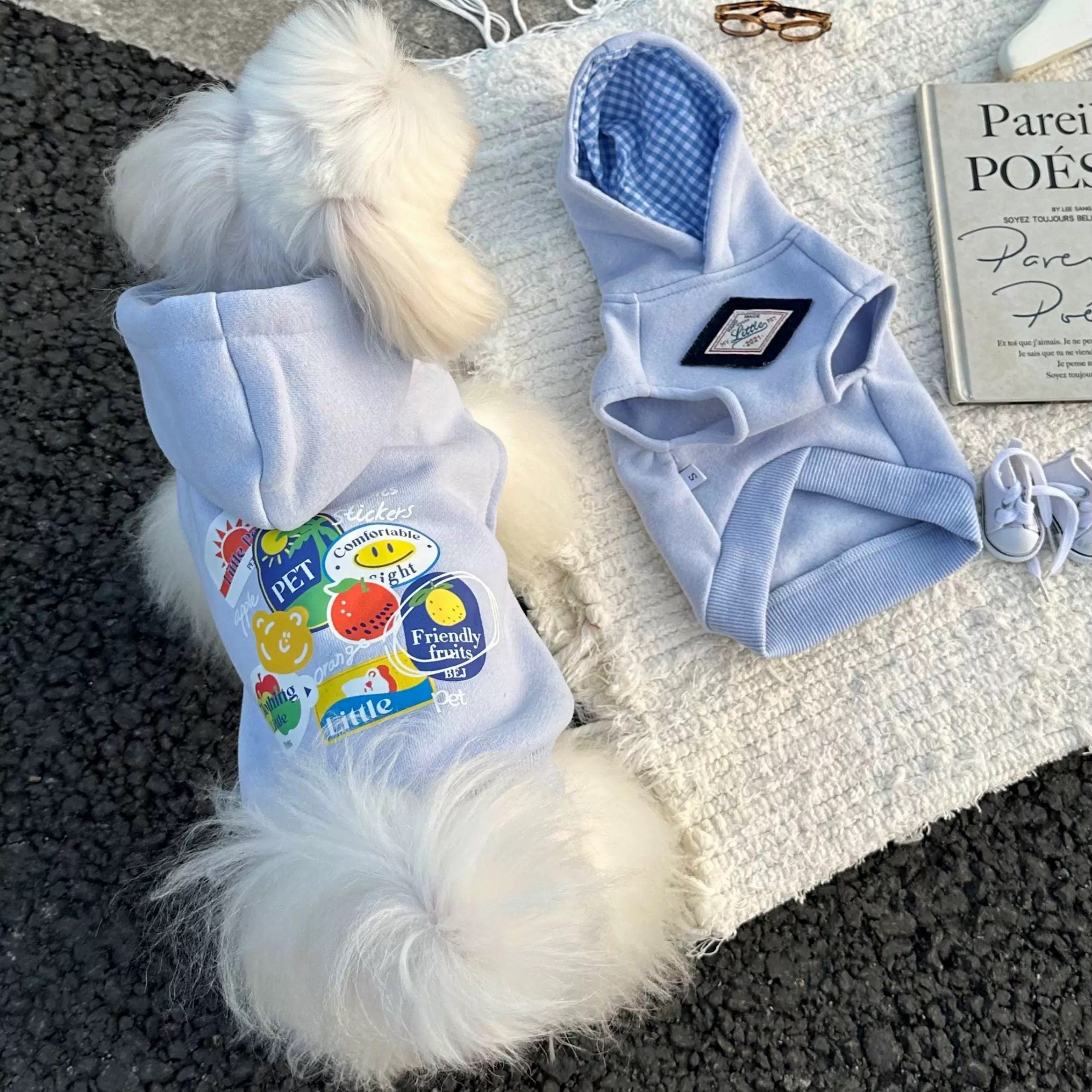 浅蓝色水果印花加绒无袖连帽卫衣秋冬新款猫咪狗狗宠物衣服保暖潮,淘宝优惠券,粉丝福利购,淘宝优惠卷