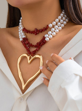 欧美跨境饰品 小众串珠仿珍珠necklace 百搭复古大爱心松石项链女