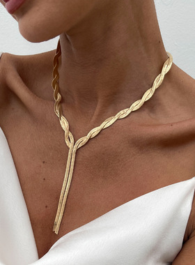欧美饰品 冷淡风Y型金属蛇骨项链 个性简约线条necklace长款