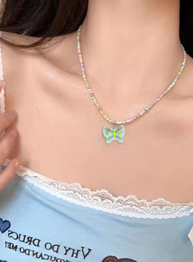 糖果色串珠蝴蝶项链女小众甜美可爱少女风锁骨链新款潮配饰