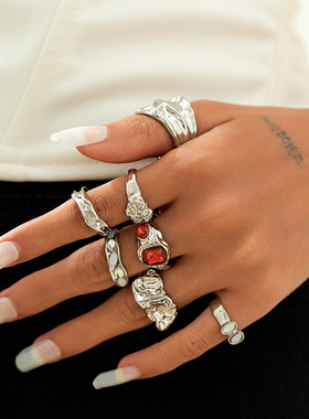 欧美跨境饰品 时尚感关节组合戒指女 嘻哈金属熔岩宝石rings套装