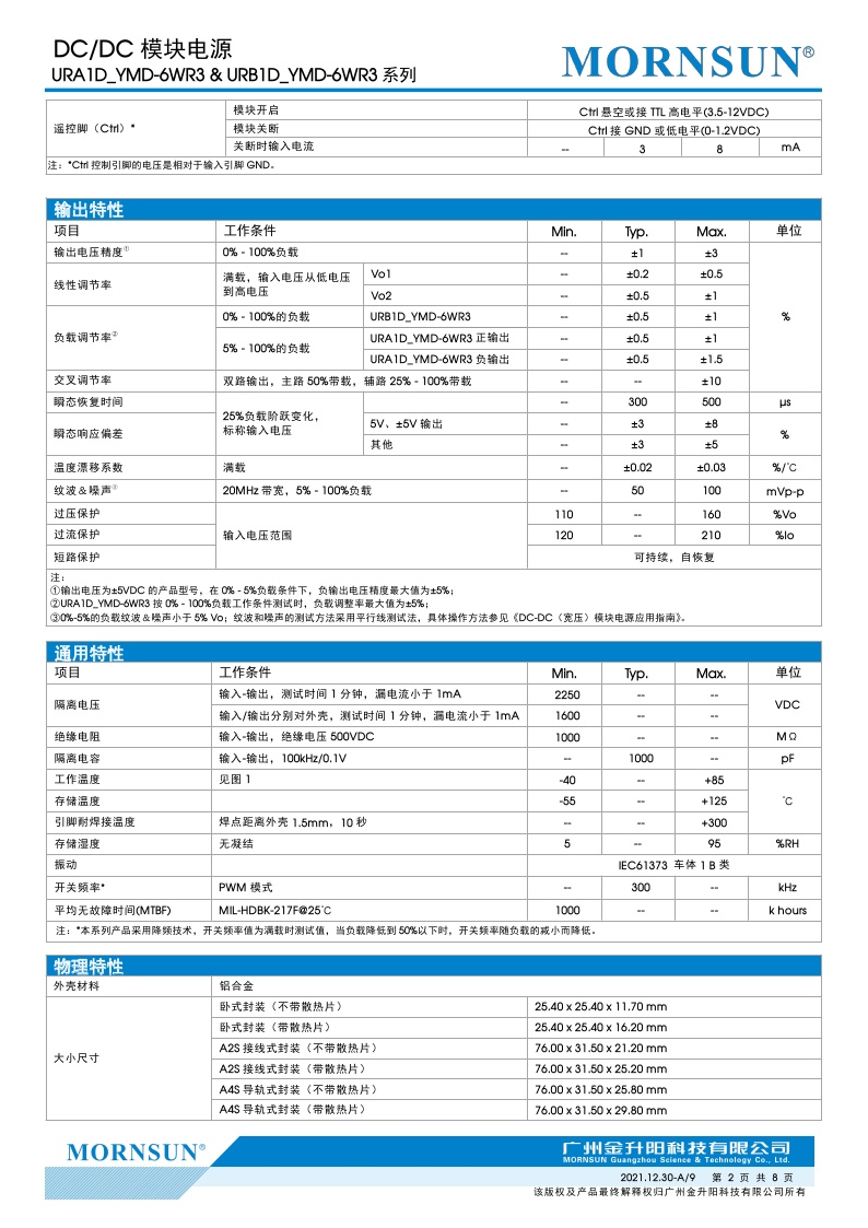 URA1D15YMD-6WR3A4S 6W 高品质 接线式封装(带散热和不带散热片) - 图2