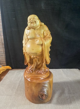 老花樟木雕弥勒佛摆件香樟木笑佛根雕工艺品家居客厅装饰供奉佛像