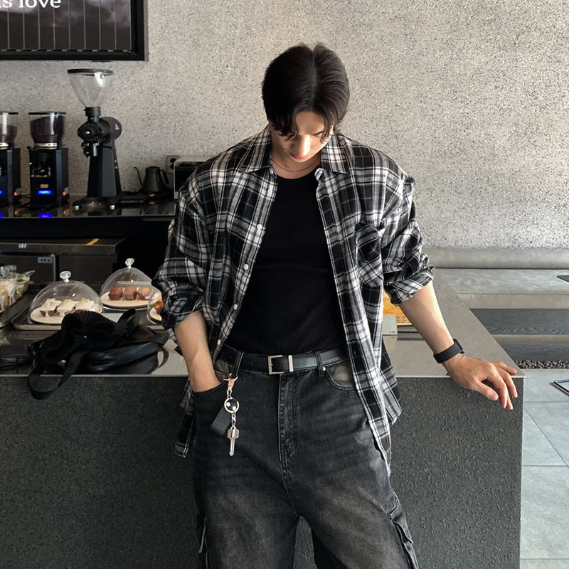 复古格子衬衫男长袖宽松休闲衬衣高级感潮牌潮流百搭上衣男生外套,淘宝优惠券,粉丝福利购,淘宝优惠卷