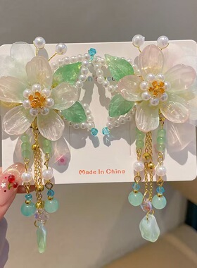 绿色公主儿童古风发饰流苏复古宝宝发夹中国风汉服古装飘带对夹女
