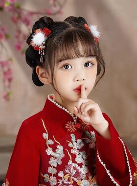 汉服头饰新年红色古风配饰对夹儿童水貂毛喜庆流苏对夹宝宝古装发