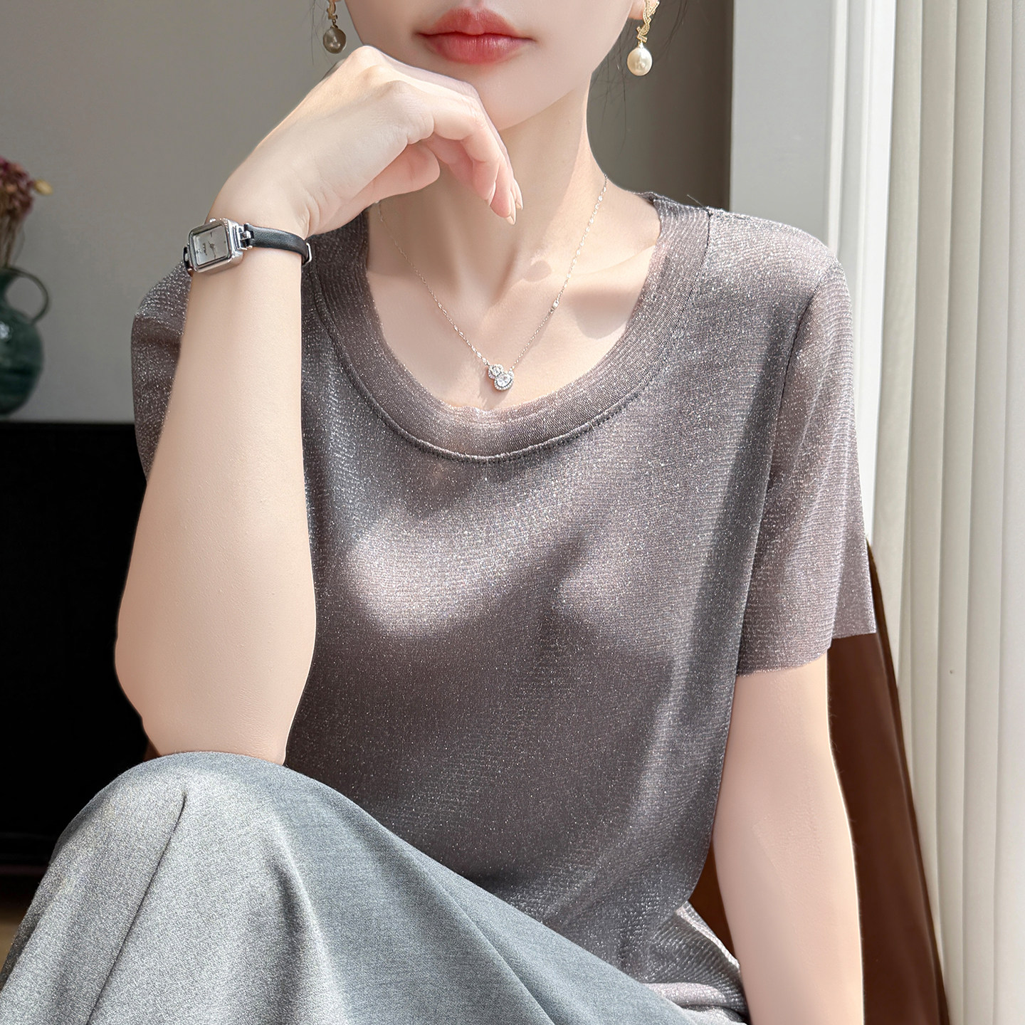 水晶纱冰丝短袖T恤女百搭休闲打底衫
