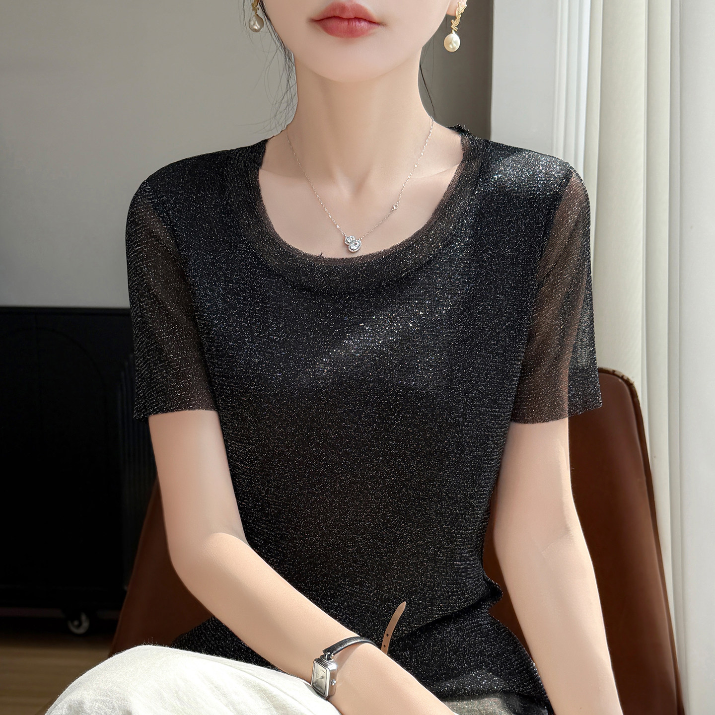 水晶纱冰丝短袖T恤女百搭休闲打底衫