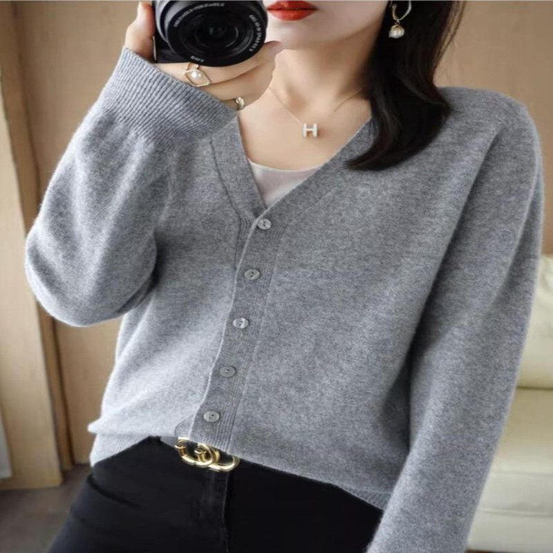 开衫外套女针织打底衫V领长袖2024年春秋季新款外搭毛衣 女装韩版