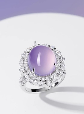 豪镶天然紫玉髓戒指新中式国风紫罗兰高冰鸽子蛋925银镀金戒指