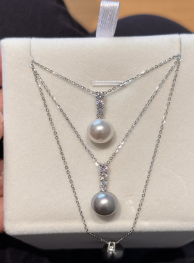 S925纯银进口施家珍珠项链akoya真多麻灰澳白正圆经典戴妃三钻款