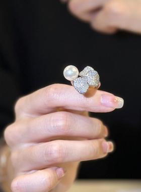 S925 纯银大珍珠幸运草戒指微镶嵌满钻生日情人节七夕母亲节礼物