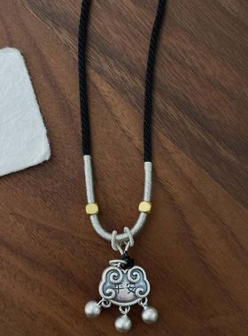 S925纯银复古新中式编织平安锁可调节项链毛衣链高级小众设计百搭