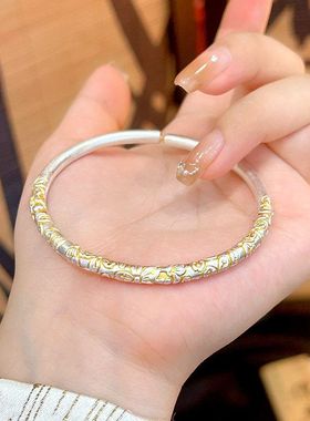 鎏金卷草纹足银9999手镯女梅花描金实心手工雕刻国风小众镯子礼物