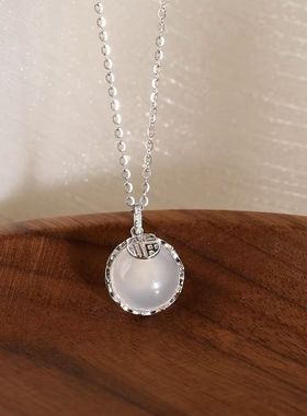 s999纯银新中式白玉髓福字吊坠锁骨链女小众轻奢毛衣项链配饰百搭