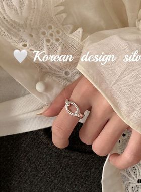韩版简约ins风设计感饰品925纯银双环椭圆戒指叠戴气质开口指环女