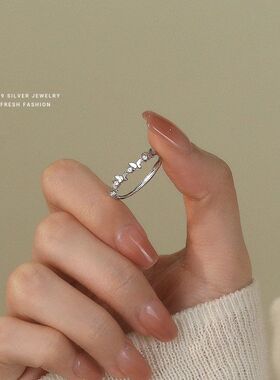 森系蝴蝶戒指女s999纯银高级感百搭小清新可调节足银闪钻指环轻奢