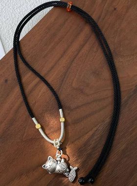 S925纯银复古新中式编织招财猫可调节项链毛衣链高级小众设计百搭