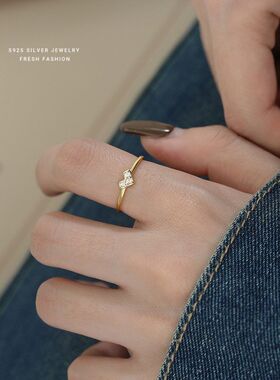 小清新微镶锆石爱心戒指女s925纯银简约百搭心形指环开口食指戒