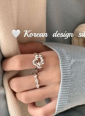 韩版简约设计饰品 S925纯银光面花蕊戒指叠戴开口可调节指环女ins