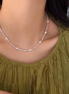 s925纯银碎银子满天星项链女百搭轻奢时尚天然淡水珍珠锁骨链新款