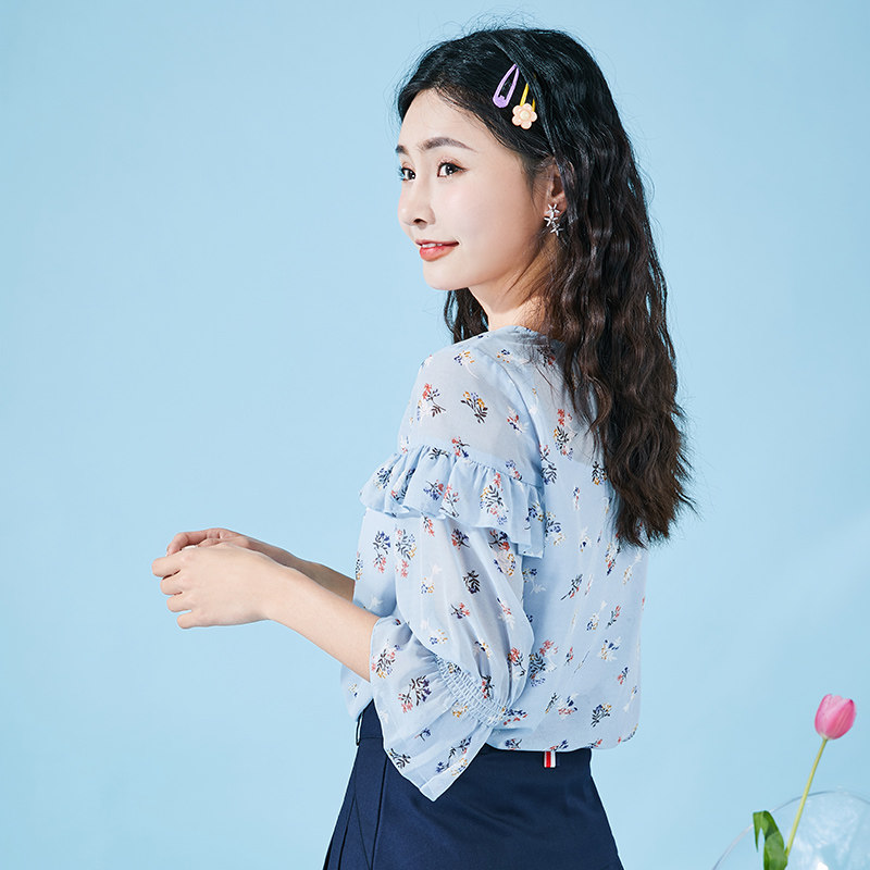 拉贝缇短袖碎花雪纺衫新款夏季衬衣 lababite蕾丝衫/雪纺衫