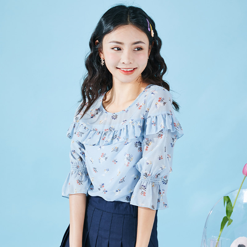 拉贝缇短袖碎花雪纺衫新款夏季衬衣 lababite蕾丝衫/雪纺衫