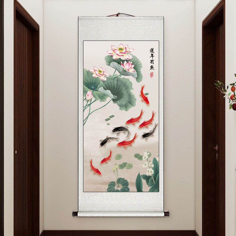 卷轴挂画新中式玄关装饰画入户正对门九鱼图进门走廊牡丹茶室壁画,淘宝优惠券,粉丝福利购,淘宝优惠卷