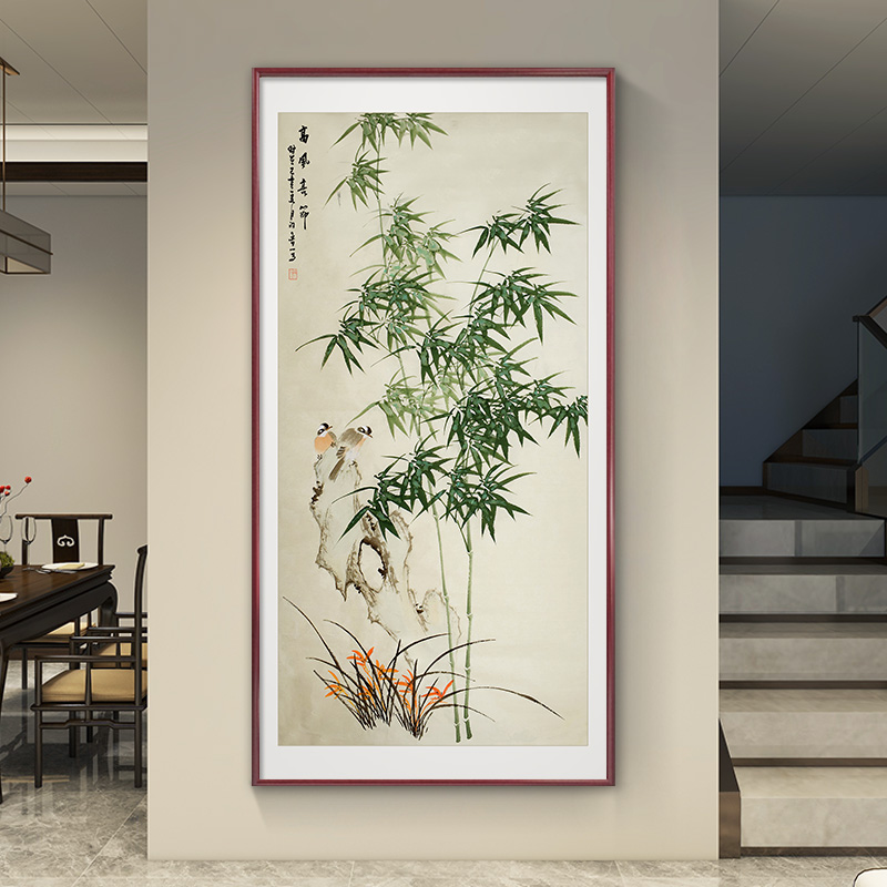 竹报平安新中式入户玄关装饰画竖版过道走廊尽头挂画竹子水墨国风