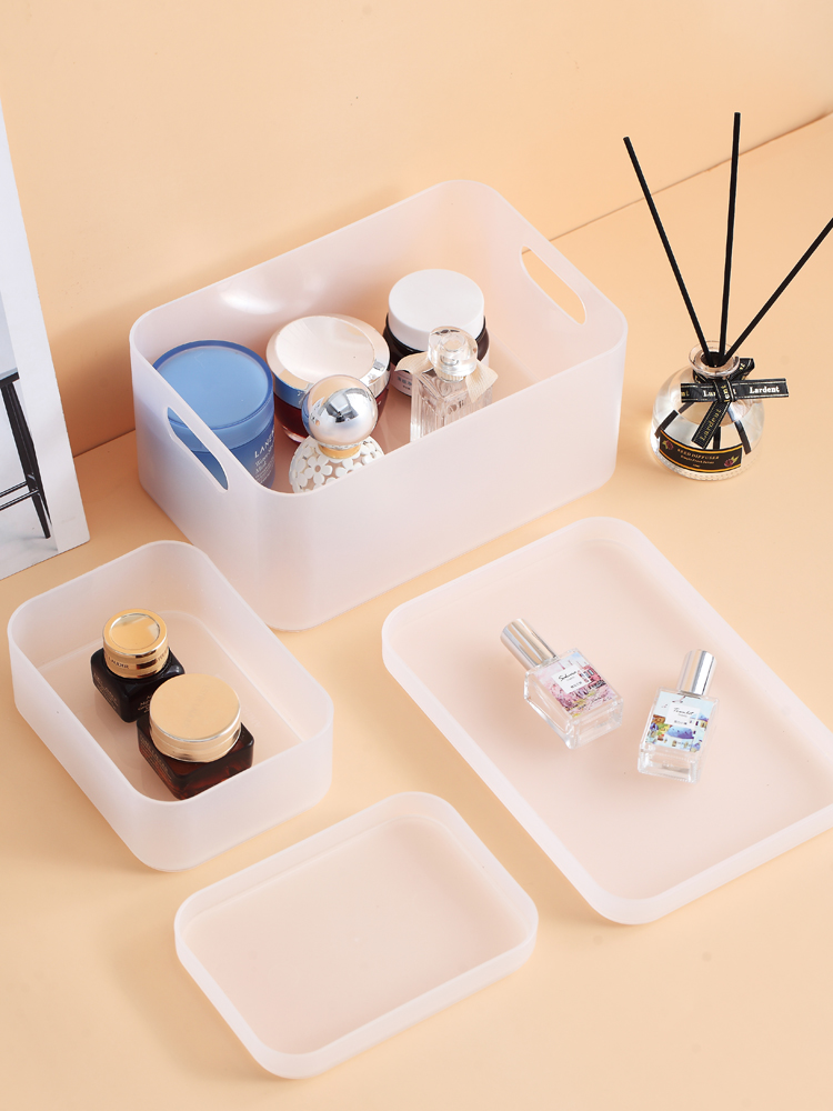 化妆品收纳盒桌面磨砂透明单层带盖韩式护肤品方形塑料杂物整理盒 - 图0
