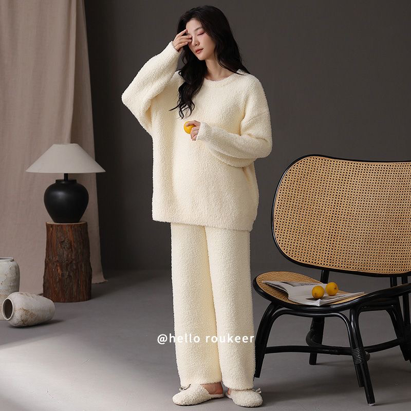 睡衣女秋冬季新款暖暖超舒适半边绒保暖宽松软绵绵纯色家居服套装