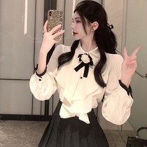 Fat Mm Tea Hysteria Style Retro Lotus Leaf Lace Long Sleeve White Shirt Autumn Winter Big Code Gentle Sweetness 100 Plexu Suit Skirt Woman