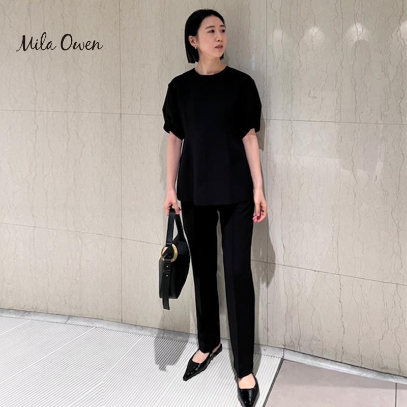 Mila Owen 23夏季新款休闲气质通勤短袖收腰上衣西装长裤套装女士 - 图2