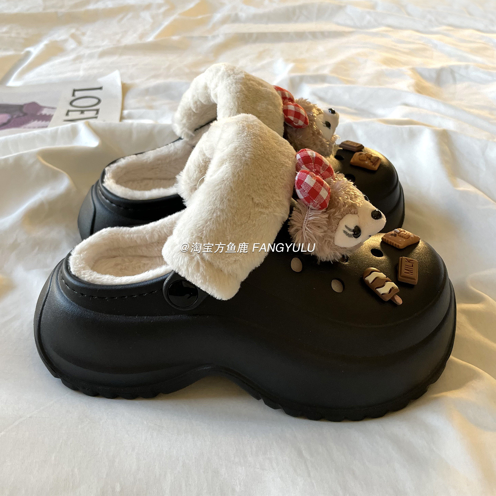 方鱼鹿 加绒包头洞洞鞋女外穿2025秋冬新款可爱松糕厚底毛毛拖鞋,淘宝优惠券,粉丝福利购,淘宝优惠卷