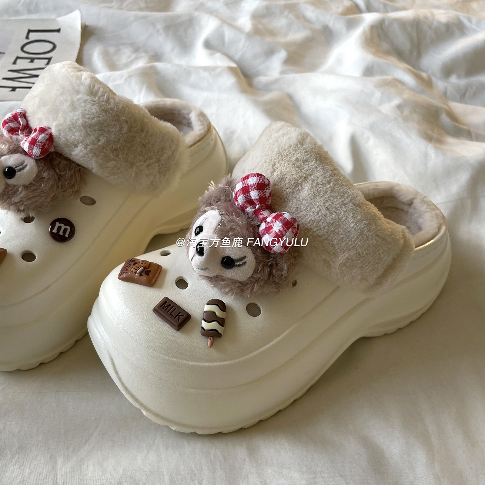 方鱼鹿 加绒包头洞洞鞋女外穿2025秋冬新款可爱松糕厚底毛毛拖鞋,淘宝优惠券,粉丝福利购,淘宝优惠卷