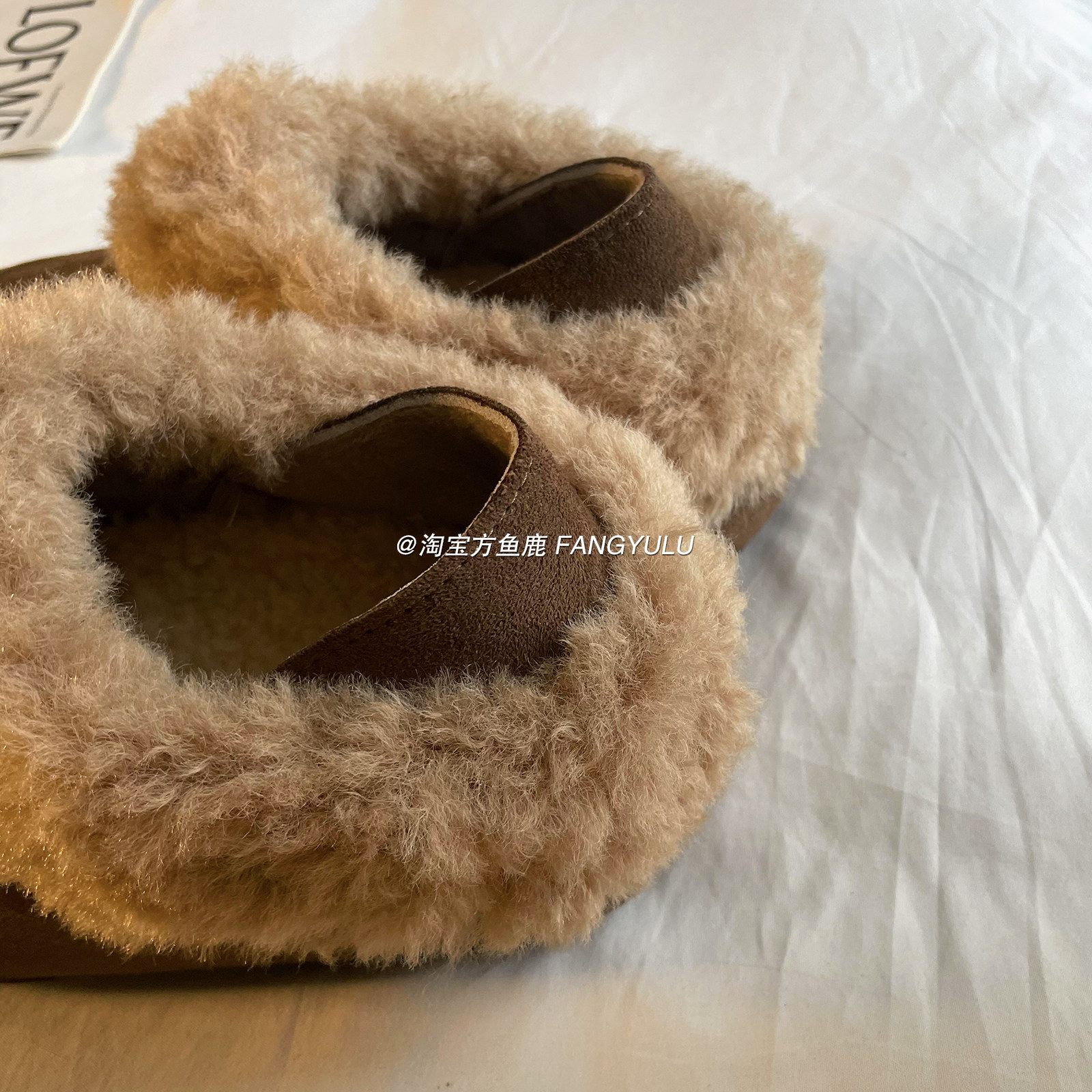 方鱼鹿 复古加绒半拖勃肯鞋女2025冬季厚底一脚蹬懒人毛毛棉拖鞋,淘宝优惠券,粉丝福利购,淘宝优惠卷