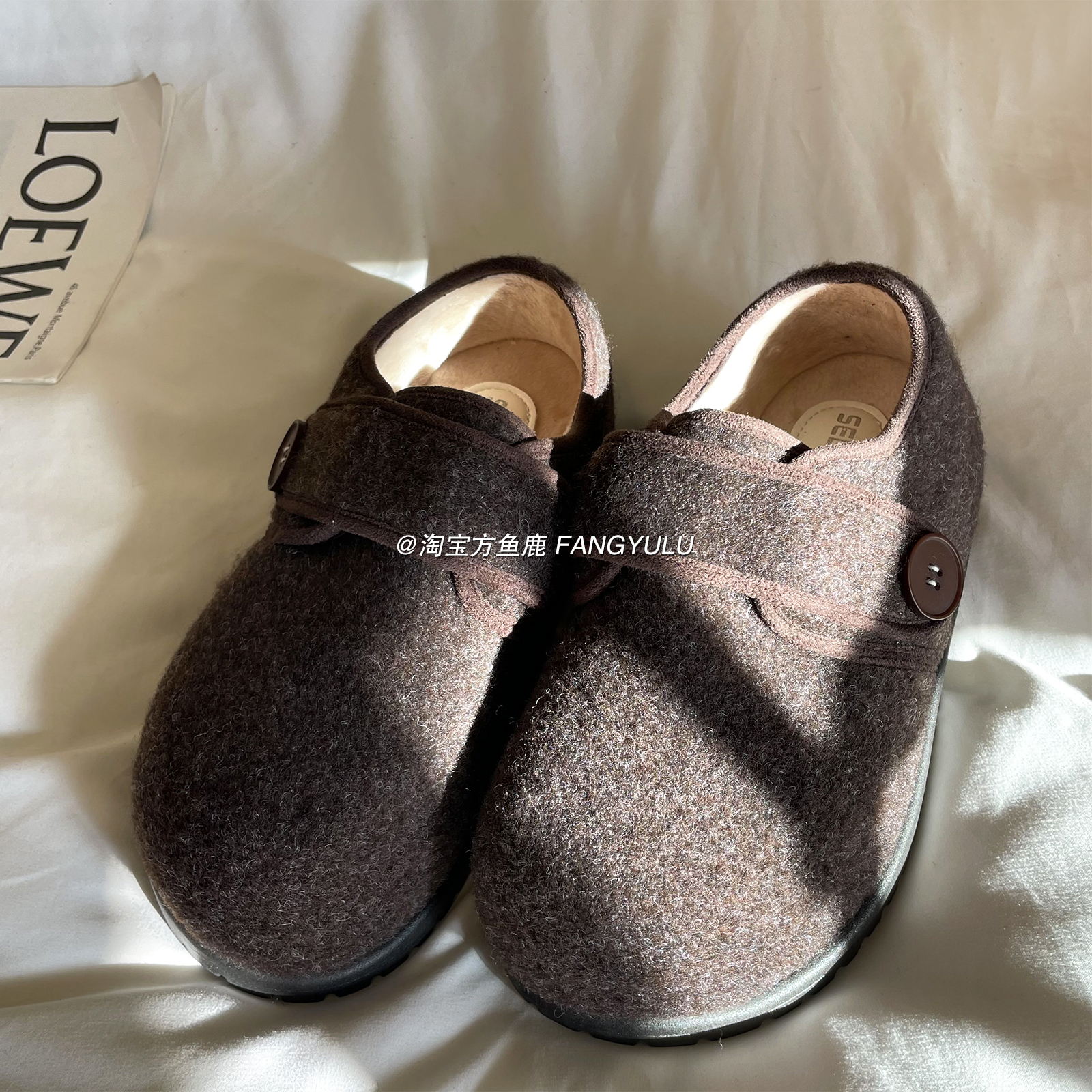 方鱼鹿 内增高6cm韩版圆头加绒勃肯鞋女2025冬季魔术贴保暖毛毛鞋 - 图0