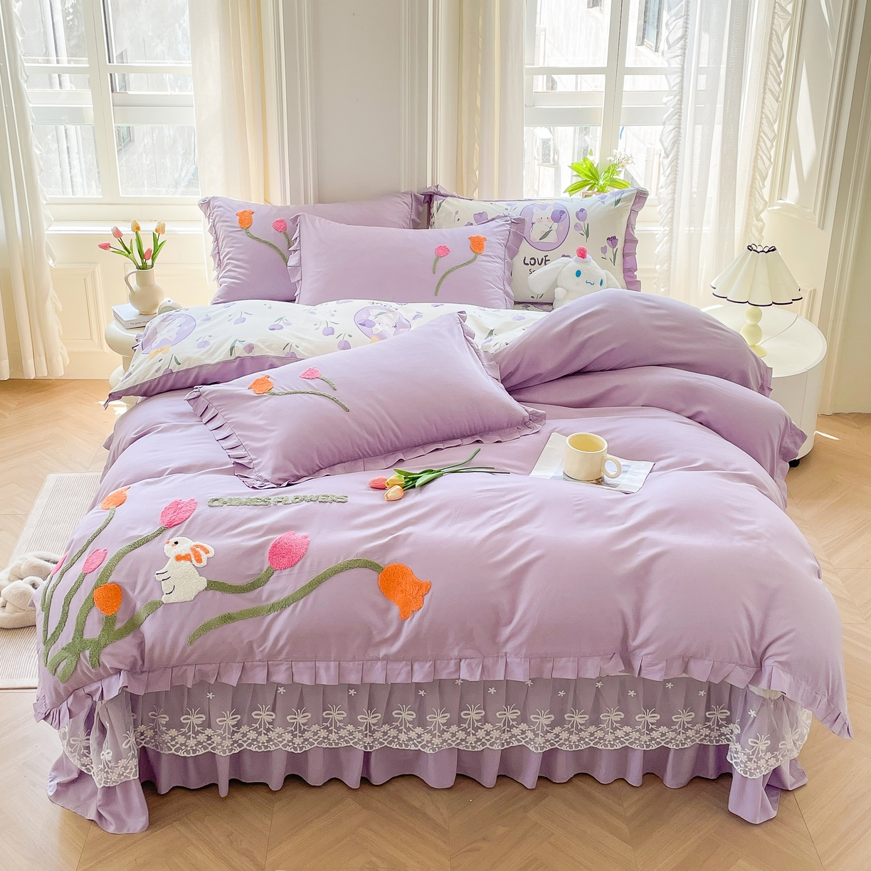 新款全棉小清新韩版印花+绣花双面可用床盖四件套-花丛兔