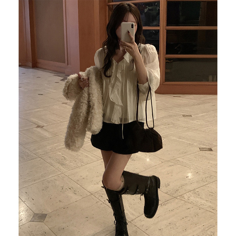 温柔风洋气甜美显瘦百搭长袖V领荷叶边绑带褶皱娃娃衫衬衫上衣女,淘宝优惠券,粉丝福利购,淘宝优惠卷