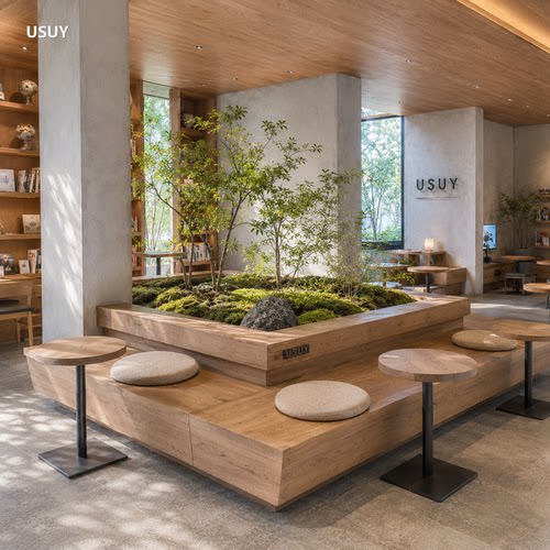 USUY侘寂风木质卡座商用咖啡现代简约厅书店一体式座椅定制卡椅 - 图0
