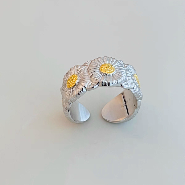 Designer high-end S925 all-over sterling silver daisy ring retro fashion heavy industry geometric mesh open ring