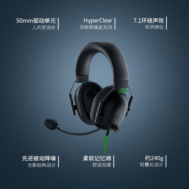 Razer雷蛇旋风黑鲨V2 X头戴式电竞游戏耳机麦克风7.1环绕声CSGO - 图0