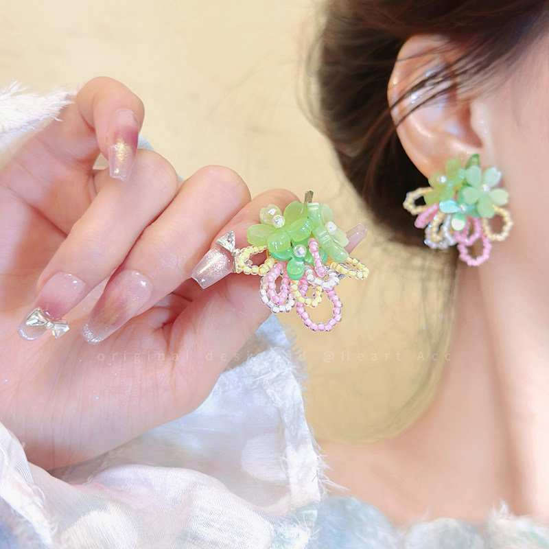度假风彩色串珠花朵耳钉女甜美多巴胺高颜值耳环超仙森系气质耳饰
