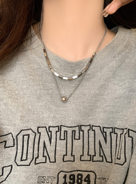 双层钛钢圆珠方块项链女