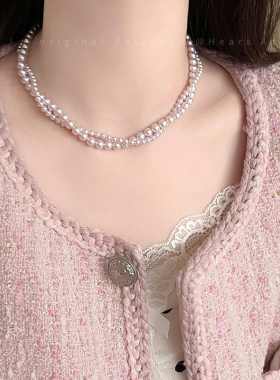 施家玫瑰色珍珠项链女小款众轻奢精致锁骨链夏季百搭高级感脖颈链