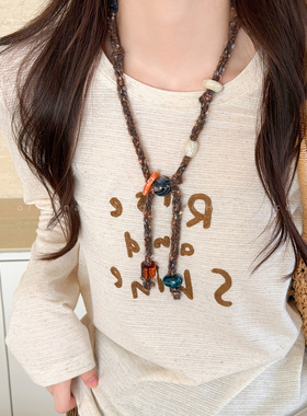 红蓝撞色毛线针织项链女冬季新款小众独特设计毛衣链复古百搭配饰